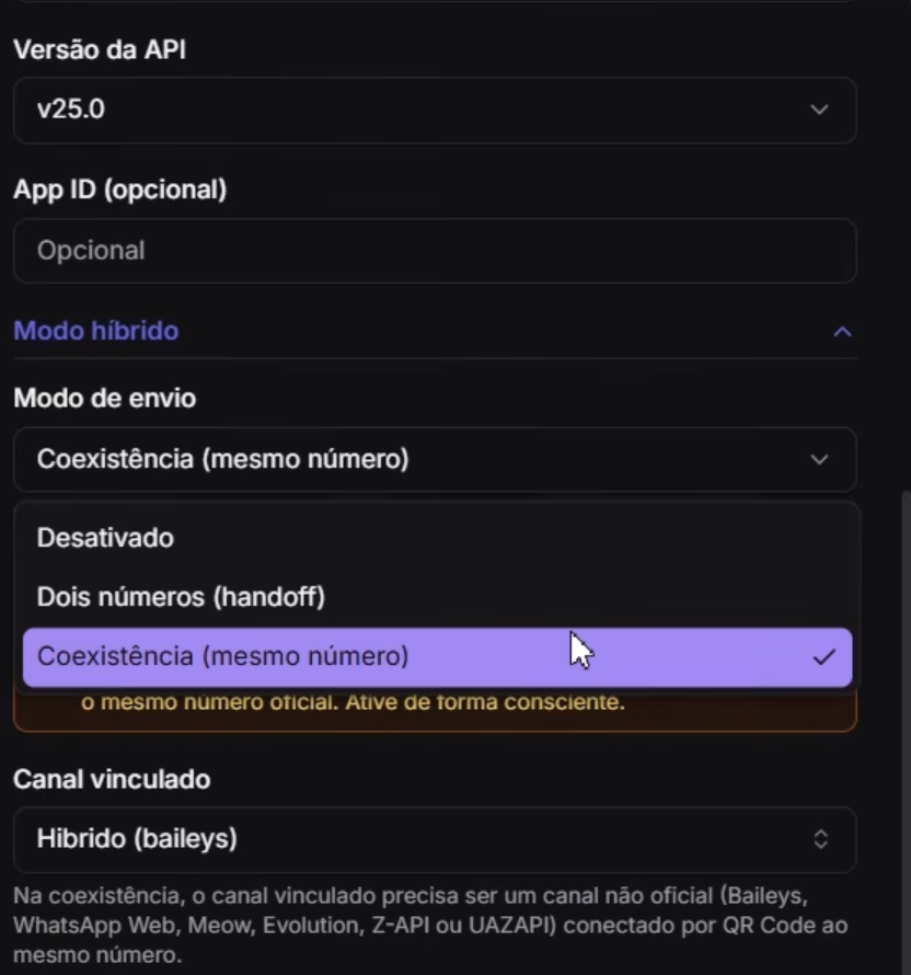 Configuração do Modo Híbrido com a opção Coexistência (mesmo número) selecionada