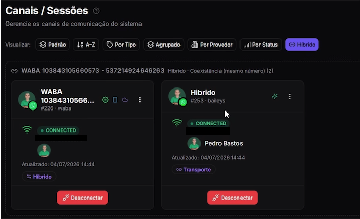 Lista de canais na Centralize Conversas exibindo um canal WABA e um canal híbrido em coexistência